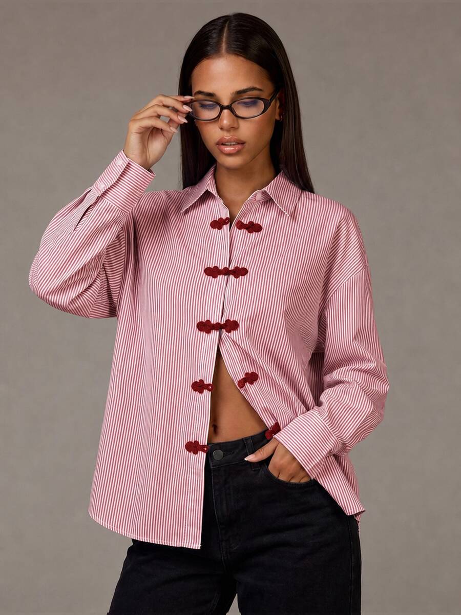 Athîral Women's Autumn Casual Loose Striped Colorblock Frog Button Shirt, Suitable For Daily Wear, Commuting And Office - Red - View 1