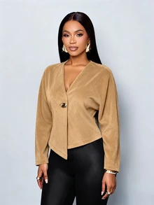 SOLERSUN Women's Autumn/Winter Casual Commute Khaki Wool-Like Fabric V-Neck Asymmetric Hem Button Long Sleeve Jacket - Khaki - View 4