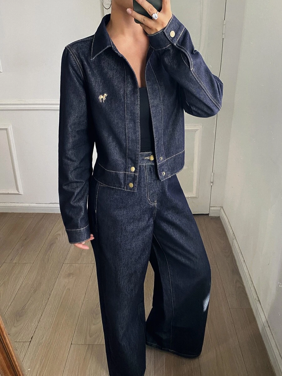 DAZY Women's Lapel Button Long Sleeve Top And Pocket Long Pants Denim Set - Blue - View 1