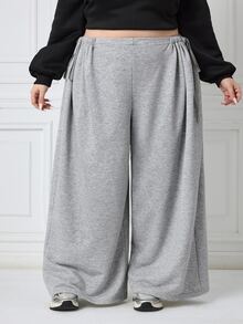 SHEIN CURVE+ Plus Size Women's Solid Color Side Waist Knot Wide Leg Pants, Casual Versatile All-Match Style For Autumn/Winter, Suitable For Daily Wear - Grey - View 5