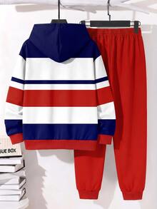 Tween Boy Striped Colorblock Long Sleeve Hoodie And Jogger Pants 2 Pieces Set, Suitable For Autumn/Winter - Multicolor - View 4