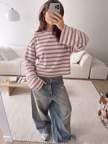 SHEIN EZwear 大尺碼女款海外長袖草莓巧克力條紋襯衫，秋季上衣，適合日常通勤、聚會，秋/冬/夏 - 彩色 - 查看 6