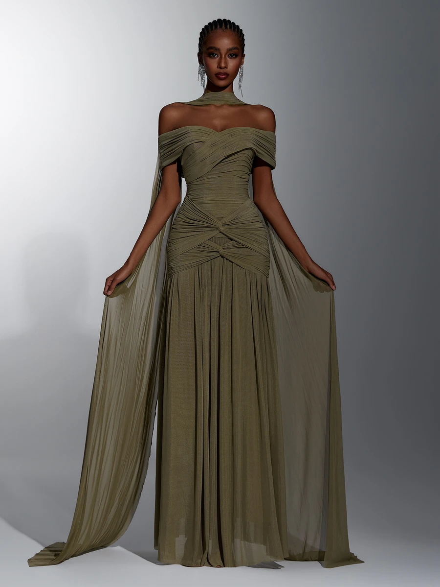 Elitara Elegant Green Minimalist Off-Shoulder Slimming Ruched Asymmetrical A-Line Dress With Waist Twist (Includes Detachable Halter Neck Drape) Suitable For Weddings, Formal Events And Heavy-Embellished Evening Gowns - Olive Green - View 1