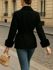 Franclia Mantel Wol Wanita Warna Hitam Murni Terbaru yang Melangsingkan dan Mengencangkan Pinggang - Hitam - View 2