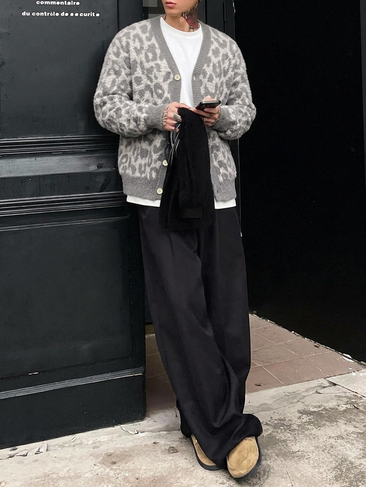 DAZY Autumn Gray Leopard Print Knit Cardigan With Cuffed Sleeves And Hem, Streetwear Style Men's Sweater - Grey - View 7