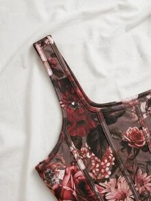 SHEIN VCAY 大尺碼性感花卉印花魚骨背心上衣 - 棕色 - 查看 5