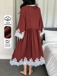 DAZY ثوب نوم نسائي فضفاض أنيق بأكمام دانتيل متباينة - بني فاتح - مشاهدة 2