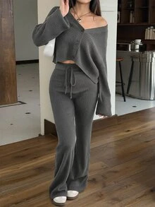 SHEIN EZwear 2件組女款休閒純色寬肩帶開襟衫與抽繩腰寬腿褲套裝，秋季/旅行黑色 - 深灰色 - 查看 5