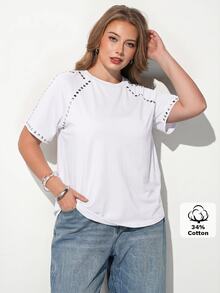Maija Plus Size Rivet Decorated Sexy Crew Neck Short Sleeve T-Shirt For Daily Wear - White - View 6