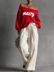 SHEIN Women Fall Winter Off‑Shoulder Knit Sweater Merry Letter Embroidery Lantern Long Sleeve Pullover - Red - View 7
