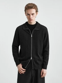 RONVEXI Men's Solid Color Long Sleeve Zip-Up Knit Cardigan - Black - View 5