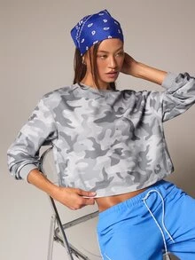 Athîral Women's Camouflage Pattern Waffle Knit Cropped Sweatshirt - Grey - View 1