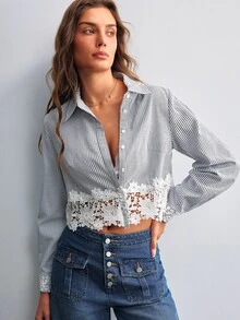 Willow Rêve Women's Blue Striped Embroidered Hem Short Blouse - Blue and White - View 4