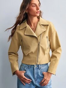 Willow Rêve Women's Solid Color Long Sleeve Lapel Zipper Asymmetric Design Cropped Jacket - Khaki - View 5