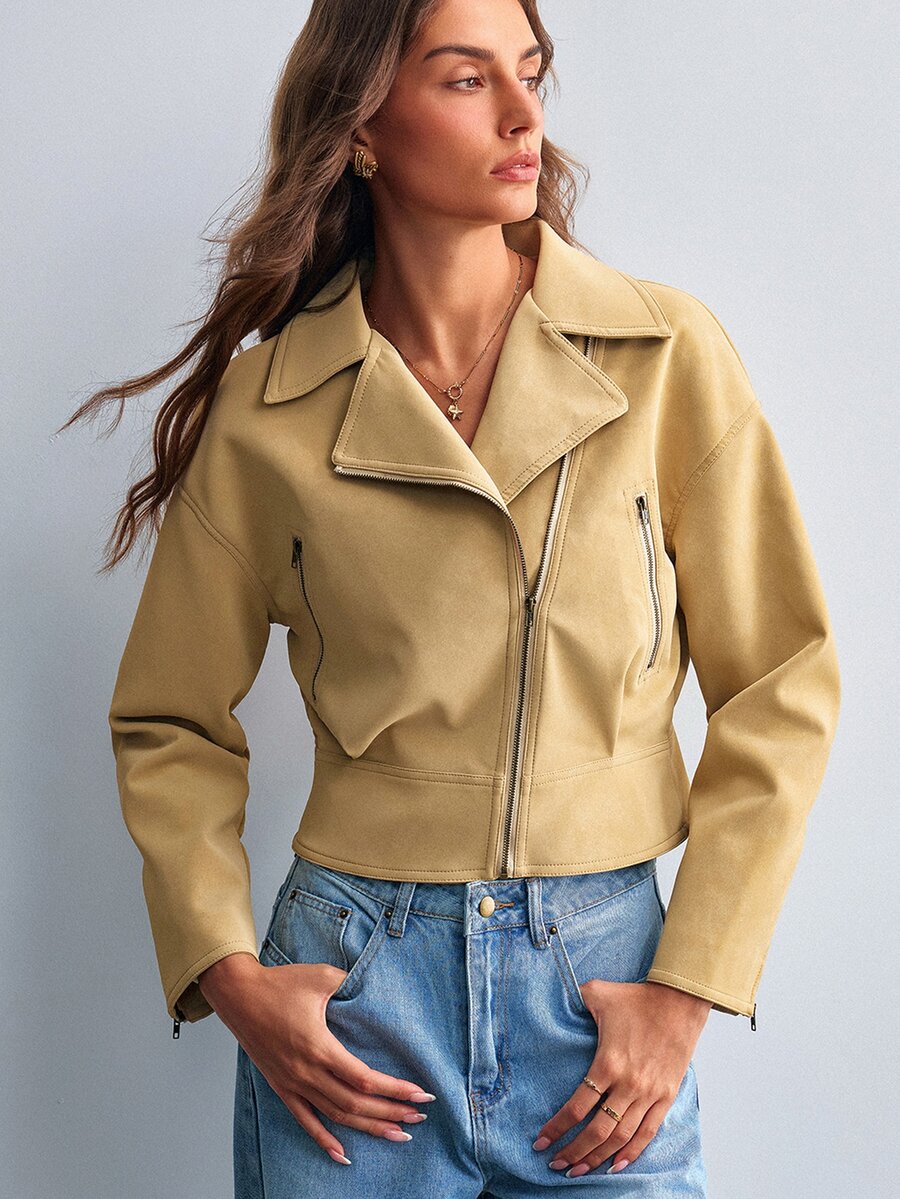 Willow Rêve Women's Solid Color Long Sleeve Lapel Zipper Asymmetric Design Cropped Jacket - Khaki - View 1
