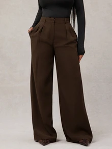 SHEIN Tall CURVE 大尺碼女款純色百褶休閒百搭日常穿著長褲 - 咖啡棕 - 查看 4