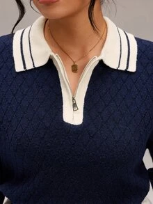 EMERY ROSE Plus Size Korean Style Zipper Half-Placket Contrast Color Knit Top - Navy Blue - View 7