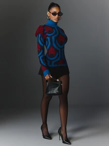 NYA SZN Knit Sweater Maxi Retro Long Sleeve Color Block Holiday Festival Special Occasion Everyday Casual Work Concert Going Out Club Party Blue Fall Winter - Multicolor - View 1