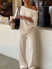 Siren Gaze Women's Casual One-Shoulder Short Sleeve T-Shirt And Straight Leg Pants Two Pieces Set, Pants Set, Autumn Clothing, Suitable For Daily Commute, Gathering, Summer, Christmas, New Year, Thanksgiving, Party, Wedding, Beach, Outing, Date, Valentine's Day, Elegant, Vacation, Y2K - Apricot - View 2
