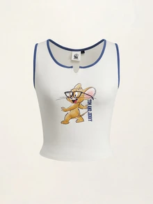 TOM & JERRY X SHEIN Women's Letter Cartoon Print Casual Versatile Tank Top - Blue and White - View 1