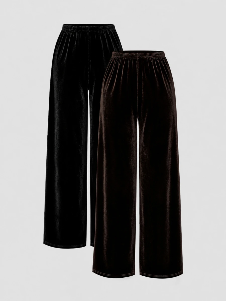 Sweetra Women's Autumn Black & Coffee Dual-Color Casual Comfortable Versatile Velvet Draped Straight Leg Wide Leg Pants 2 Pieces Set - Multicolor - View 1
