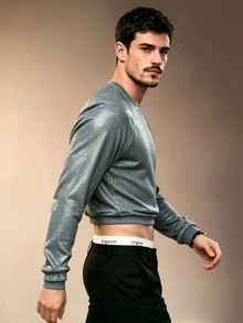 ZURIURI Men's Sequin Raglan Long Sleeve Cropped Top, Slim Fit, Flattering, Brand, Casual Daily Wear T-Shirt - Grey - View 5