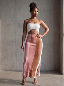 BamGlimmer Women's Fashion Striped Colorblock Side Slit Knit Dress - Pink - View 8