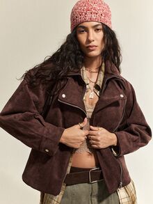 SoleilVie New Vintage Diagonal Zipper Lapel Suede Motorcycle Jacket, Waist-Cinching Design, Fashionable Mature Woman Style - Brown - View 5