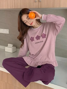 DAZY 女款極簡星星印花寬鬆短袖上衣與長褲兩件式居家服套裝 - 紫色 - 查看 1