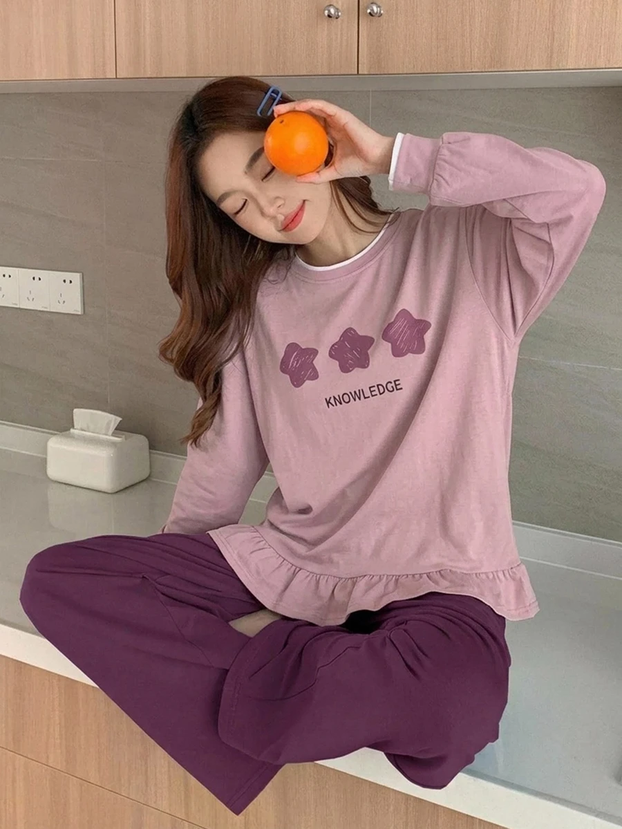 DAZY 女款極簡星星印花寬鬆短袖上衣與長褲兩件式居家服套裝 - 紫色 - 查看 1