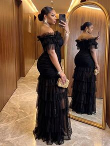 SHEIN Lady CURVE Plus Size Women's Solid Color Mesh Frill Off-Shoulder Elegant Dress - Black - View 2
