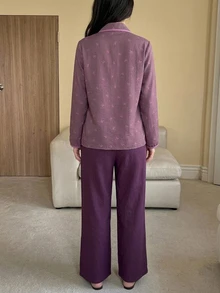 DAZY 2pcs/Set Women's Bow Print Lapel Cardigan Long Sleeve Top & Straight Leg Long Pajama Pants Sleepwear Set - Purple - View 2