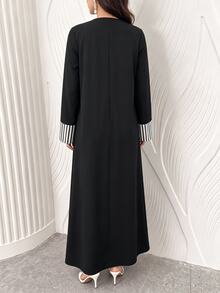 Al Najma Spring/Autumn Casual 2 Pieces Striped Patchwork Tie-Waist Long Sleeve Loose Slimming Elegant Women's Long Robe Dress For Daily Wear - Black - View 6
