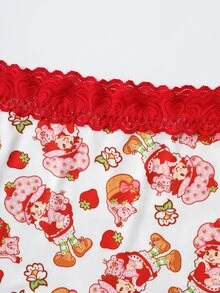 Strawberry Shortcake X SHEIN Plus Size Women's Cartoon Print Waist Contrast Lace Panties - Red - View 5