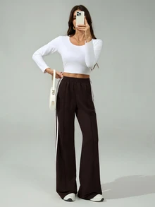 SHEIN Tall 女款彈性腰側條紋寬腿寬鬆休閒運動長褲，返校季 - 咖啡棕 - 查看 6