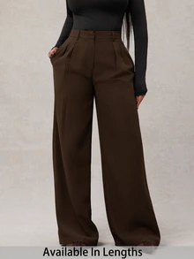 SHEIN Tall CURVE 大尺碼女款純色百褶休閒百搭日常穿著長褲 - 咖啡棕 - 查看 3