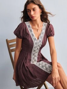 Willow Rêve Women's Lace Patchwork Brown Chiffon Mini Dress - Brown - View 7