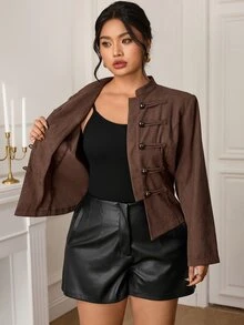 EastFlair Plus Size Women's Solid Color Casual Daily Long Sleeve Jacket - Brown - View 10