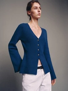 MOTF PREMIUM RED V-NECK CINCHED WAIST CARDIGAN SWEATER - Teal Blue - View 5