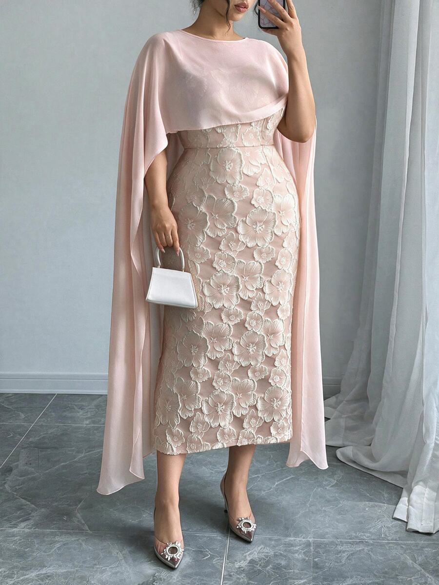 Elenzga Women's Plus Size Luxury Elegant Dress, Embossed Jacquard Bodycon Skirt With Flowy Tulle Cape Set - Pink - View 1