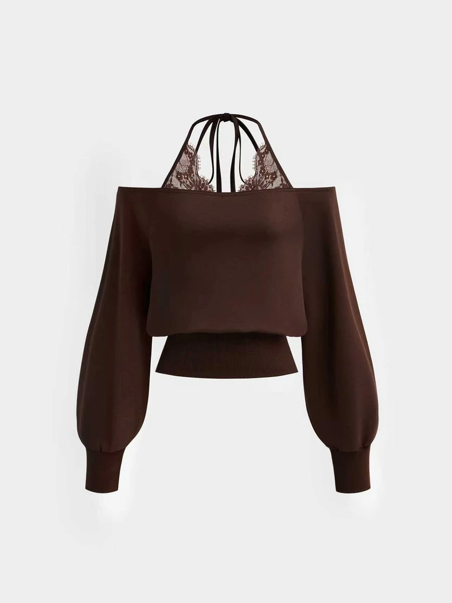 Sweetra Women's Brown Casual Minimalist Versatile Lace Patchwork Halter Neck Halterneck Cinched Waist Sweatshirt - Coffee Brown - View 1