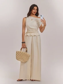 SHEIN Tall Women's Asymmetrical Shoulder Ruched Waist Solid Color Top And Pants 2 Pieces Set - Apricot - View 3