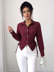 SHEIN Elenzya 女款純色百褶休閒日常穿著襯衫 - 酒紅色 - 查看 3