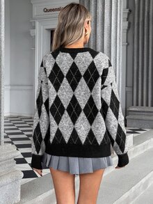 Pariaura College Style Retro Argyle Jacquard Colorblock Crew Neck Loose Fit Slimming Casual Pullover Sweater - Multicolor - View 2
