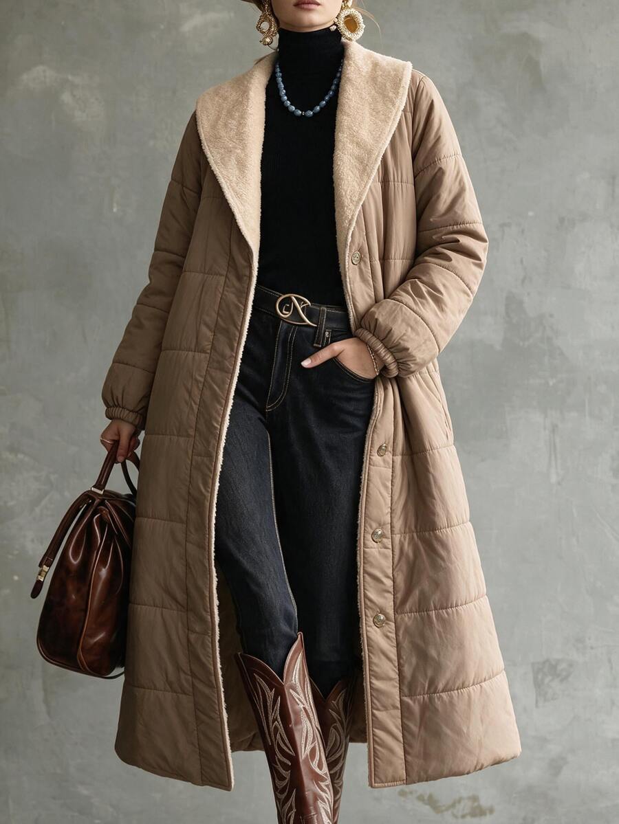 Omancia Women's Autumn/Winter Casual Solid Color Long Lapel Minimalist Comfortable Style Suitable For Outings, Shopping, Walking, Daily Commute Padded Coat - Khaki - View 1
