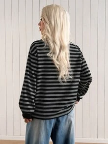 SHEIN EZwear Áo nỉ dài tay kẻ sọc phong cách thường ngày cho nữ - màu đen - Xem 2