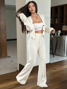 SHEIN EZwear 2件組女款休閒純色寬肩帶開襟衫與抽繩腰寬腿褲套裝，秋季/旅行黑色 - 杏色 - 查看 3