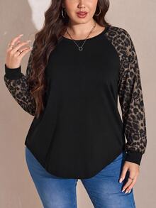SHEIN LUNE Plus Size Women's Round Neck Patchwork Leopard Print Raglan Long Sleeve Knit T-Shirt - Multicolor - View 6
