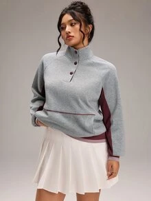 EMERY ROSE Plus Size Women's Colorblock Raglan Long Sleeve Button Half-Placket Casual Sweatshirt - Grey - View 1