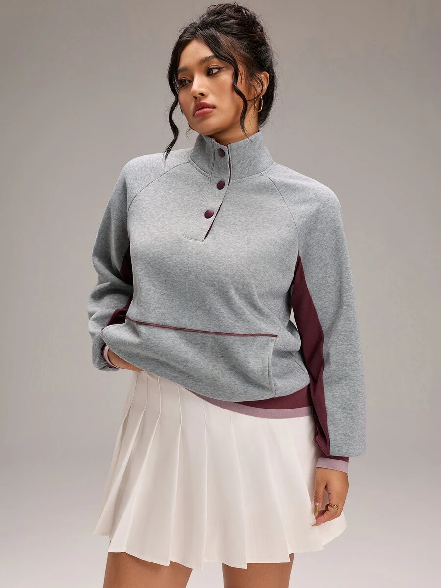 EMERY ROSE Plus Size Women's Colorblock Raglan Long Sleeve Button Half-Placket Casual Sweatshirt - Grey - View 1